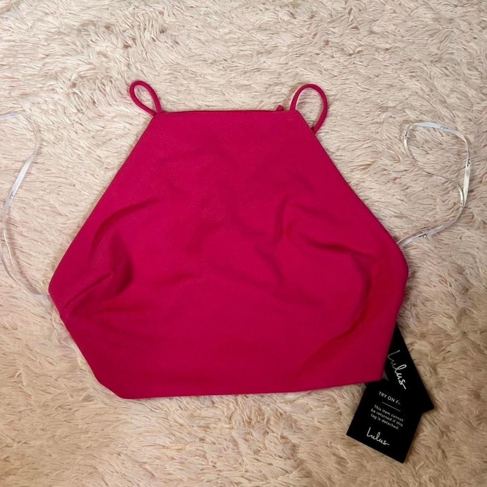 Hot Pink Barbie Preppy Coquette Vivid Feminine Criss Cross Tie Crop Halter